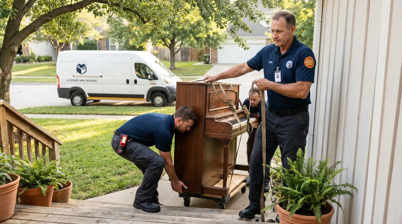 Licensed piano movers securing grand piano in Fairbury, NE