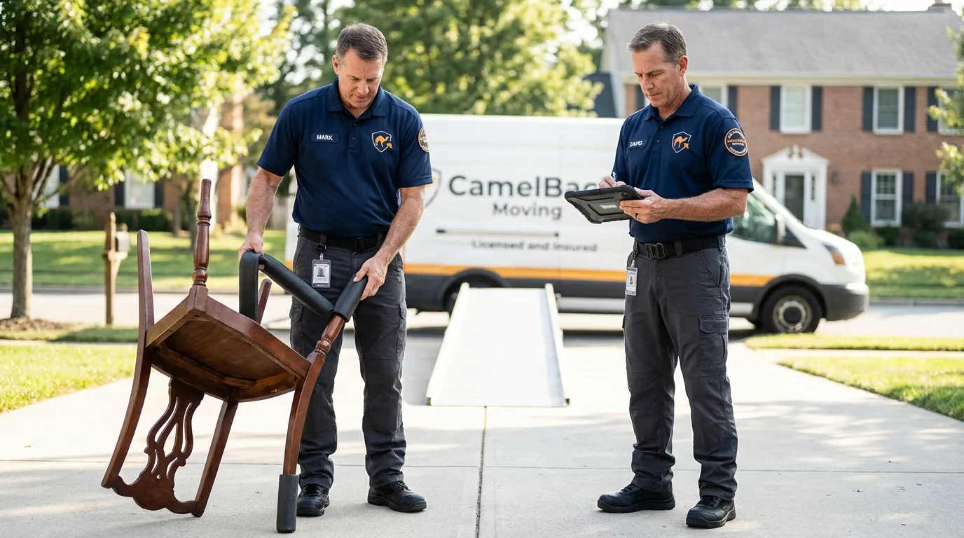 Movers inspecting furniture for damage prevention before loading in Fairbury, NE