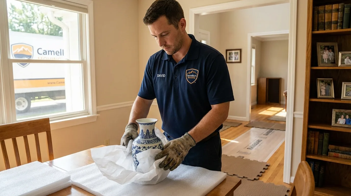 Professional crew carefully wrapping antique vase for senior downsizing move in Fairbury, NE